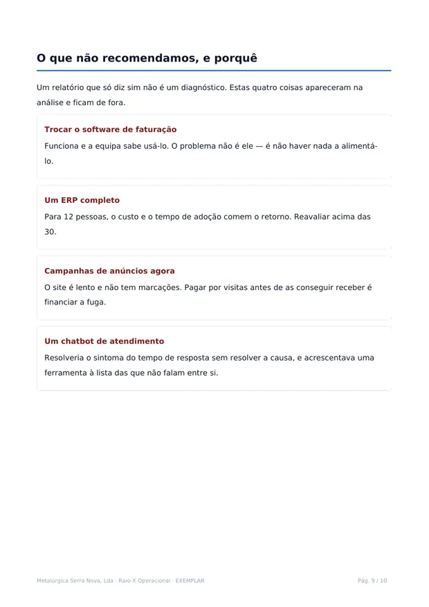 Page 9 of the sample: what we don't recommend, with the reasoning for each case.